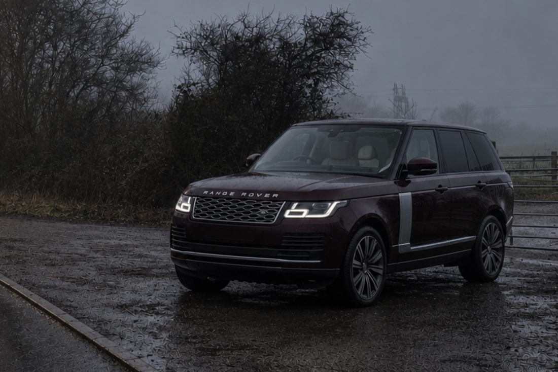 A protected car on a wet winter road