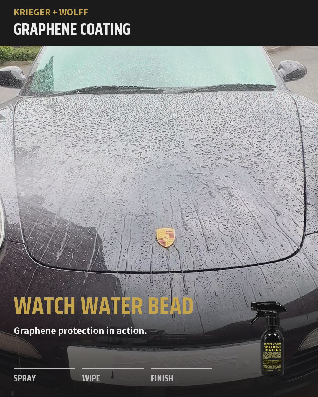 Krieger + Wolff Graphene Coating application: bonnet water beading, spray, wipe, buff and glossy finish.